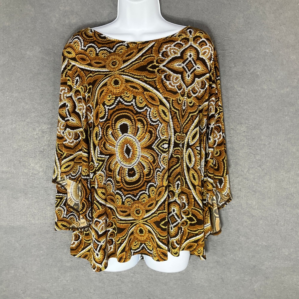 Chico's Top Women's Sz 3 (XL) Patterned 3/4 Bell Sleeve Blouse Flowy Stretchy